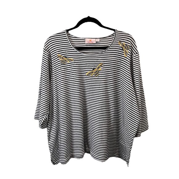 Quacker Factory Shirt Womens Size 2X Bumble Bee Embroidered Black White Striped - Picture 1 of 10